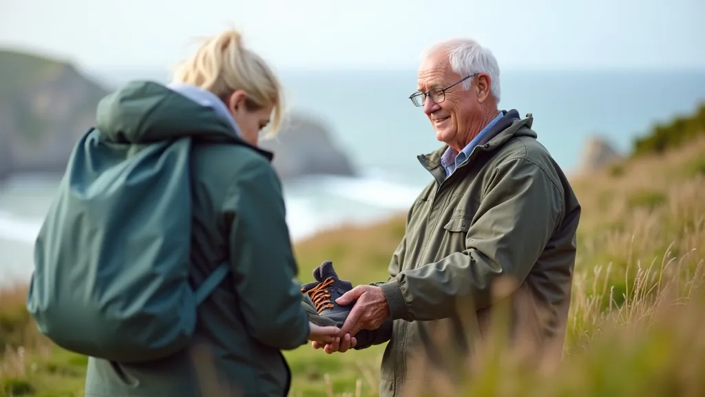 Person checking proper hiking boots and gear on outdoor path