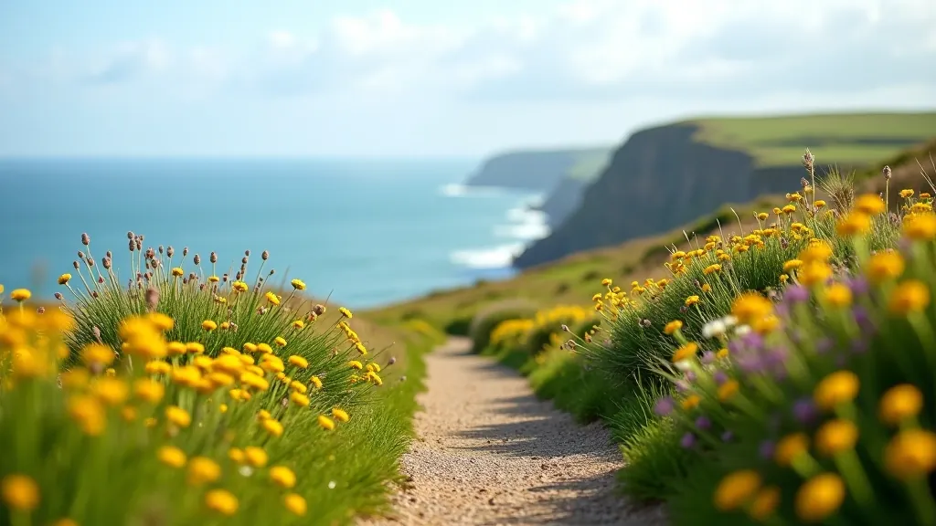Coastal path with wildflowers and sea views along cliff edge