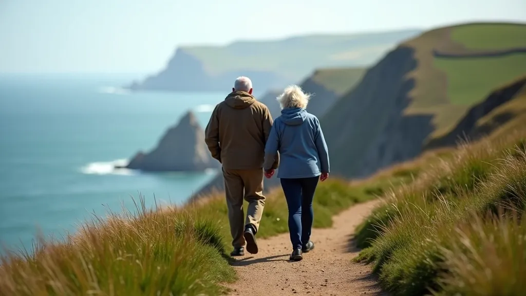 Older couple walking on coastal cliff path with ocean view in background