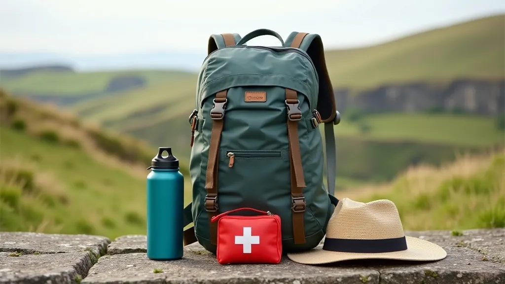 Backpack and accessories laid out including water bottle, first aid kit, sun hat, and navigation items for coastal hiking