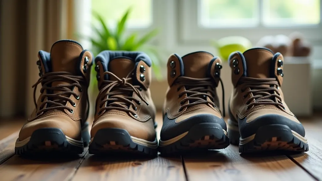 Selection of hiking boots and shoes laid out showing different tread patterns, ankle support levels, and materials suitable for coastal walking