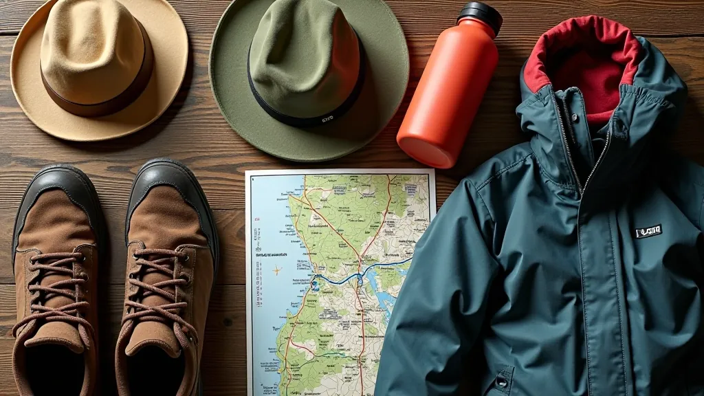 Hiking backpack and walking shoes arranged on flat surface with water bottle, map, and outdoor gear, clean studio lighting