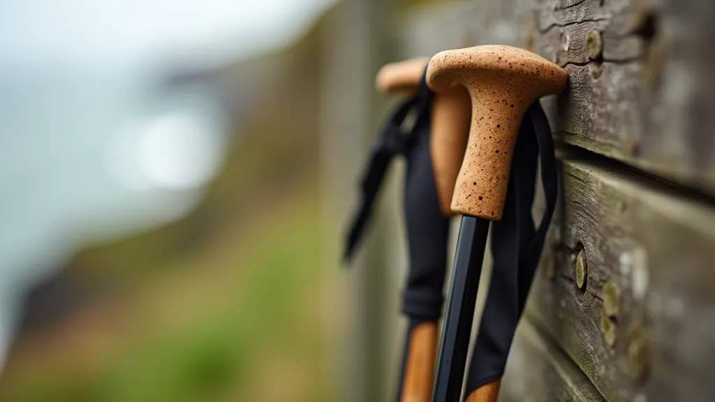 Close-up of hiking poles showing cork grips, adjustable length mechanism, and proper wrist strap positioning for senior walkers
