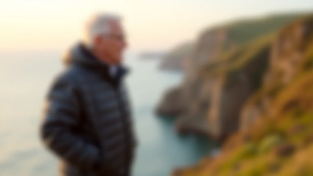 Older person standing at cliff viewpoint overlooking dramatic coastal landscape with ocean horizon, golden afternoon light, satisfied expression