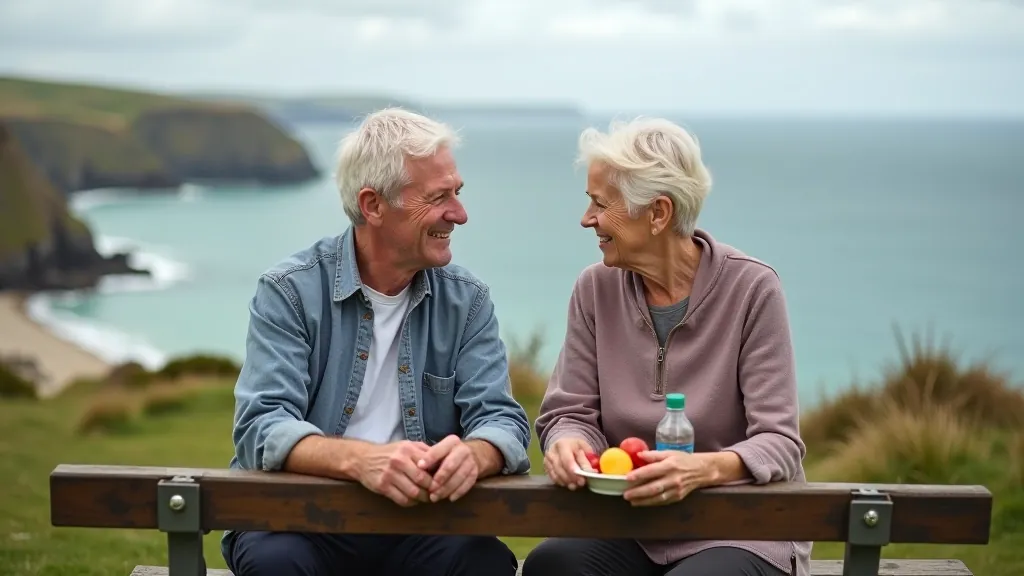 Senior couple relaxing after hike with water bottles and healthy snacks on coastal viewpoint, ocean visible behind