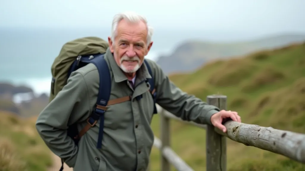 Demonstration of pre-hike warm-up exercises including leg swings and arm circles performed by a senior adult on coastal path