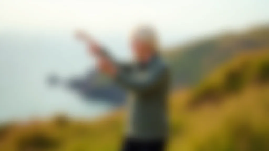 Senior adult performing gentle warm-up exercises on a grassy hillside before hiking, with coastal landscape in background