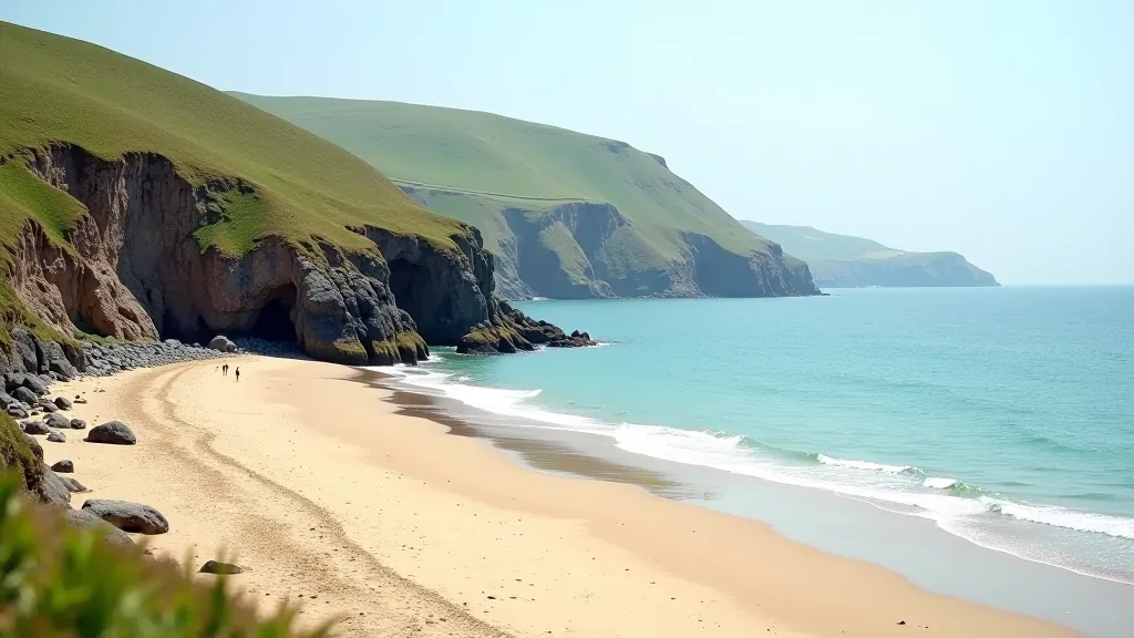 Small secluded beach with calm water and grassy cliffs above