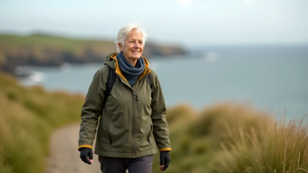 Senior hiker wearing proper footwear and weather-appropriate layers, walking confidently on coastal path with gentle smile